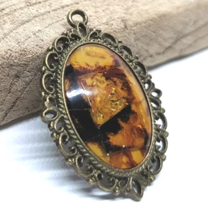 Amber Pendant In Brass Frame Vintage Unique Mosaic Style Cognac Natural Baltic - Picture 1 of 5