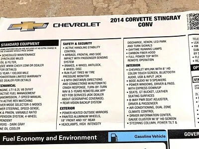 Chevrolet Chevy Corvette Stingray 2014 conv etiqueta Monroney pegatina de precio de ventana Foto 1 de 3