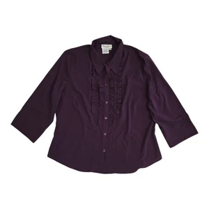 Fred David Blouse Women's XL Purple 3/4 Sleeve Front Ruffles Button Up Top - Picture 1 of 15