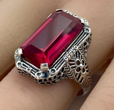ART DECO DESIGN CLASSIC STYLE 925 SILVER 10 Ct LAB-CREATED RUBY RING        145X - Image 1 of 4