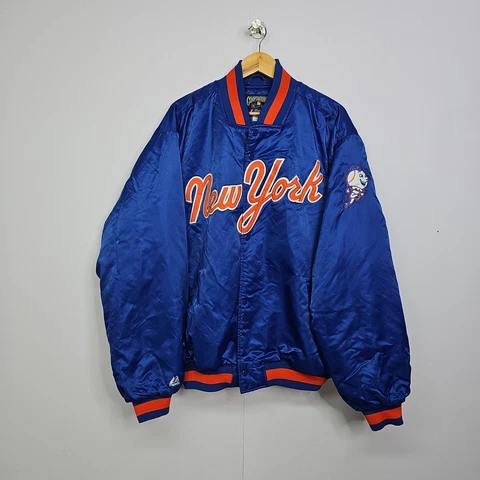 Vintage Majestic XXL Mens NEW YORK METS Satin Bomber Jacket CLEAN Snap Up Lined Cover