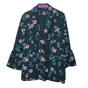 Lane Bryant Floral the Bryant Blazer Womens Size 22 Green Flare Bell Sleeves - Picture 1 of 13