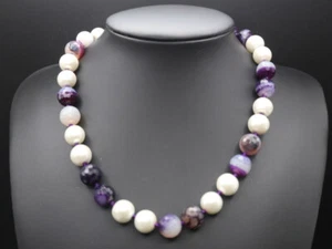 GOLDJUNGE69 * KLOBIGE DAMEN HALSKETTE MUSCHELKERN &ACHAT 14mm LILA/WEISS - Bild 1 von 3
