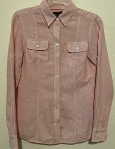 Banana Republic Top Women's 4 Linen Button Shirt Roll Tab Sleeves Pink Stripe - Picture 1 of 16