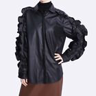 Womens Faux Leather Single Breasted Lapel Collar Ruffles Long Sleeves Shirt Tops