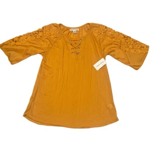 NWT New York Laundry Mustard Gold Blouse Top 3/4 Lace Sleeves Women Sz Medium - Picture 1 of 12