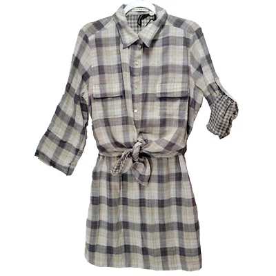 Chelsea And Violet Y2K Dress Women L Brown Gray Check Tie Overlay Shirt Roll Tab - Image 1 of 4
