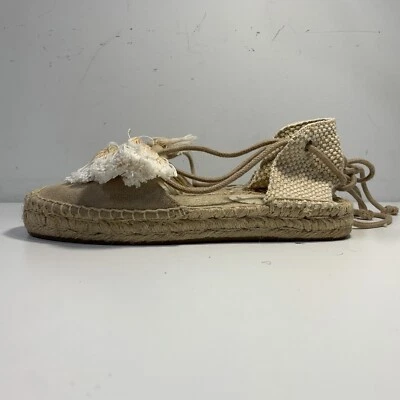 Soludos Tasseled Suede Platform Gladiator Sandals Jute Panels Camel Tan Size 7 - Image 1 of 4
