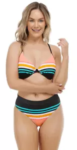Body Glove Swimsuit Bikini Gemini 38E 36E 34E 32E Marlee Sz L Coral Reef stripe - Picture 1 of 6
