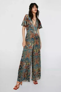 Nasty Gal Damen Paisley Devore Engelsärmel Overall Gr. 0 US neu mit Etikett 158 $ - Bild 1 von 2