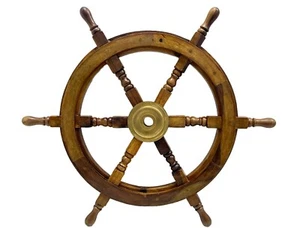 24 Zoll Messing Holz Vintage Schiff Lenkrad Piraten Deko Holz Angeln Wand Boot - Bild 1 von 5