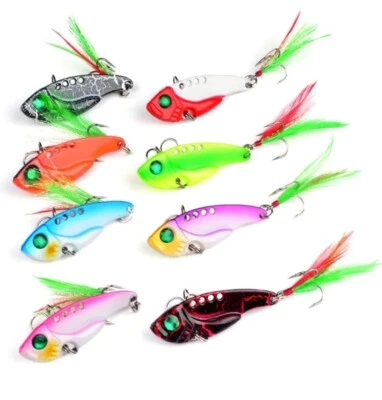 8 PIEZAS Señuelos de hundimiento de vibración de cebo de metal para pesca VIB hoja gancho aparejo EE. UU. Foto 1 de 4