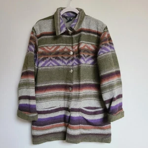 Vintage Women’s Rafaella Green Striped Jacket Coat M Southwest Front Pockets - Picture 1 of 5