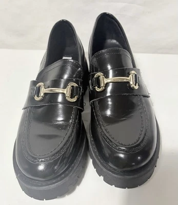 Steve Madden Lando Wn's Sz8 Black Leather Slip On Platform Loafer Chunky Heel G - Image 1 of 4