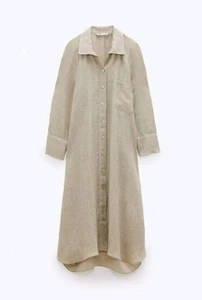 Zara Beige Dress Linen Shirt Tunic Midi XL 14 16 NEW BNWT - Picture 1 of 4