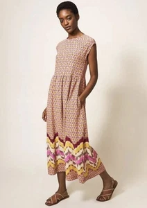 White Stuff Addison Midi Dress Size 14 NEW Pink Yellow Geometric Jersey Cotton - Picture 1 of 15