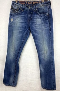 Rock Revival Steven Jeans Men 33x34 Straight Distressed Embroidered Blue Denim - Picture 1 of 20