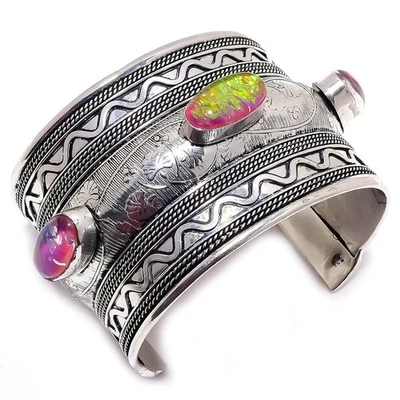 Tripletta Opale di Fuoco Gemma Fatto a Mano 925 Argento Sterling Cuff Bracciale - Immagine 1 di 4
