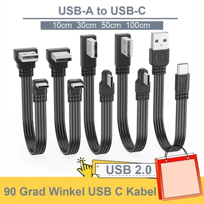 USB Kabel USB A Stecker auf USB-C Stecker 90 Grad Winkel Type-C Kabel 10cm-100cm - Bild 1 von 4