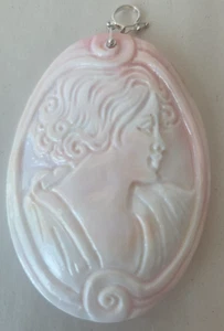 925 Sterling Clasp Carved Pink Conch Shell Cameo Pendant Italy 3 1/8" ~ SIGNED - Picture 1 of 8