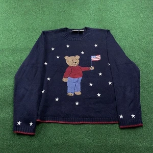Vintage Strick Pullover Herren L Blau 90S Y2K Bär Amerikanische Flagge Muster Sweatshirt - Bild 1 von 8