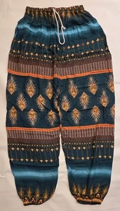 Women's Size XL Blue & Orange Feather & Floral Tie Dye Baggy Lounge Boho Pants - Picture 1 of 8