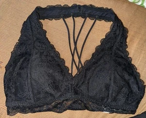 GILLY HICKS BRALETTE SIZE Large L Criss Cross Black Straps Lace Padded Halter - Picture 1 of 6
