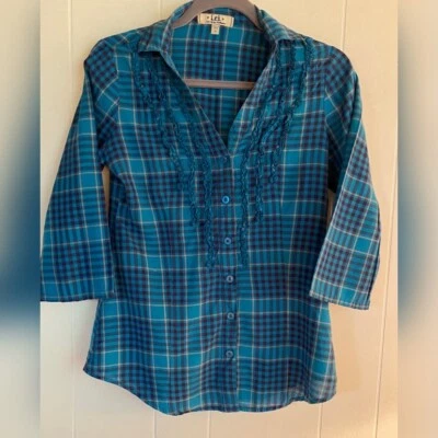 lei Blouse Women’s Medium Blue Plaid Cotton Ruffles Button Up Coastal Cowgirl - Image 1 of 4