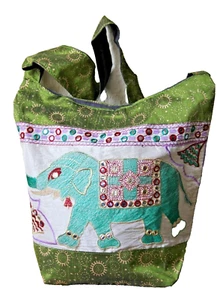 Umhängetasche Beuteltasche Seide Bestickt Elefanten Grün 83 x 39 cm Indien - Bild 1 von 9