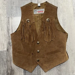VTG Giacca Young Gallery Brown Leather Kids Snap Front Western Fringe Vest Large - Picture 1 of 4