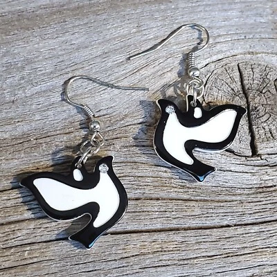 Vintage Y2K White Black Lucite Austrian Crystal Dove of Peace Hearts Earrings - Image 1 of 4