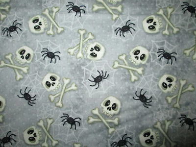 SPIDER SKULLS BONES SPIDERS SPIDERWEB SKULL GRAY COTTON FABRIC FQ - Image 1 of 4