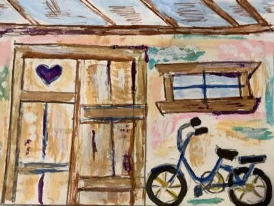 ACEO original Painting Bicycle And Cottage 2.5x3.5” By MJ - Image 1 of 2