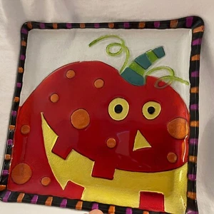 Lori Siebert Serving Tray Hand Blown Fusion Glass Halloween Jack O Lantern 11" - Picture 1 of 10