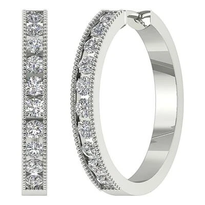 1.75 Ct I1 G Genuine Diamond Hoop Earrings Channel Set 0.90 Inch 14K Solid Gold - Image 1 of 4