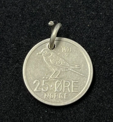 Norge 25 руда монета подвеска Норвегия 1971 сибирский тит птица оригинал - Изображение 1 из 4