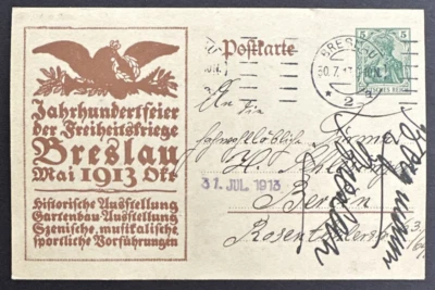 Tarjeta de papelería postal Alemania 1913 de Breslau a Berlín Guerras de Liberación 5pf Foto 1 de 2