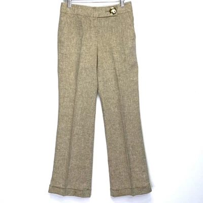 Tory Burch 100% Linen Pants Beige Wide Leg Sz 2 Logo Button Summer Luxury Y2K - Image 1 of 4