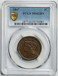 1847 P Braided Hair Large Cent PCGS MS-62 BN - Picture 1 of 3