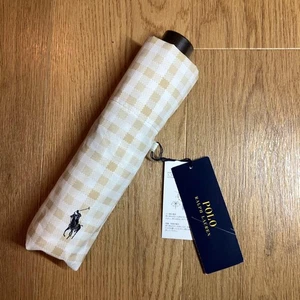 POLO Ralph Lauren Folding Umbrella Beige Gingham 22" Rib Carbon Fiber Frame - Picture 1 of 7