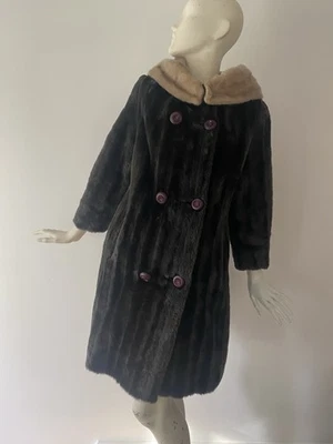 Vintage 60s Faux Mink Fur Coat Collar Union Label Brown Mod Double Breasted USA - Image 1 of 4