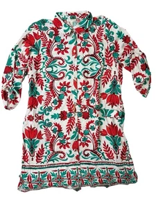 Fig & Flower Rayon Hemdblusenkleid grün rot Blumen leicht Gürtel bequem Gr. 3X - Bild 1 von 10