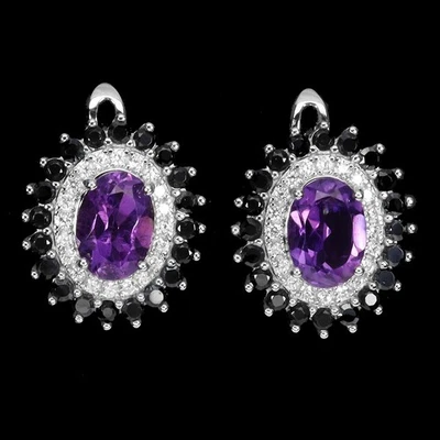925 Sterling Silver Earrings Oval Amethyst 7x5mm Spinel Natural Gemstone Jewelry - Image 1 of 4