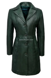 Ladies Real Leather Jacket Green Classic Knee-Length Lambskin Designer Coat 3457 - Picture 1 of 9
