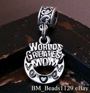 WORLDS GREATEST MOM LOVE Hearts Silver Tone Pendant European Dangle Charms Bead - Picture 1 of 10