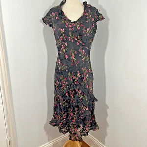 Vtg Robbie Bee Dress Woman 12 Black Floral Ruffle Tiered Babydoll Whimsical 90s - Picture 1 of 7