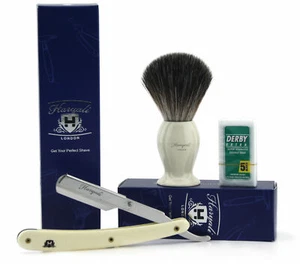 Barber Cut Throat Half Blade Razor and Badger Hair Shaving Brush Set for Mens - Picture 1 of 4
