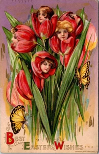 BEST EASTER WISHES - WOMEN IN FLOWERS FANTASY SCHMUCKER HOLIDAY POSTCARD - Picture 1 of 2