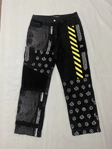 Finesse Jacko Printed Patchwork Mens/Unisex Black Jeans Size Large - Picture 1 of 11