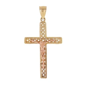 14k Yellow & Rose Gold Filigree Crucifix Cross Charm Pendant 1.8" 2.7 grams - Picture 1 of 3